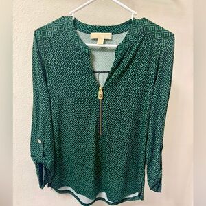 ✨ Michael Kors Green Geometric Zip-Front Blouse, Relaxed, Loose, Comfy, Size S✨